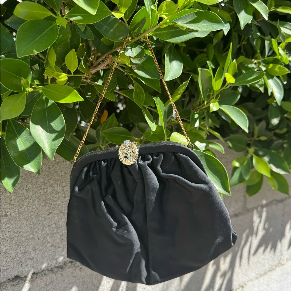 Vintage Black Evening Clutch with Gold Chain and Decorative Clasp